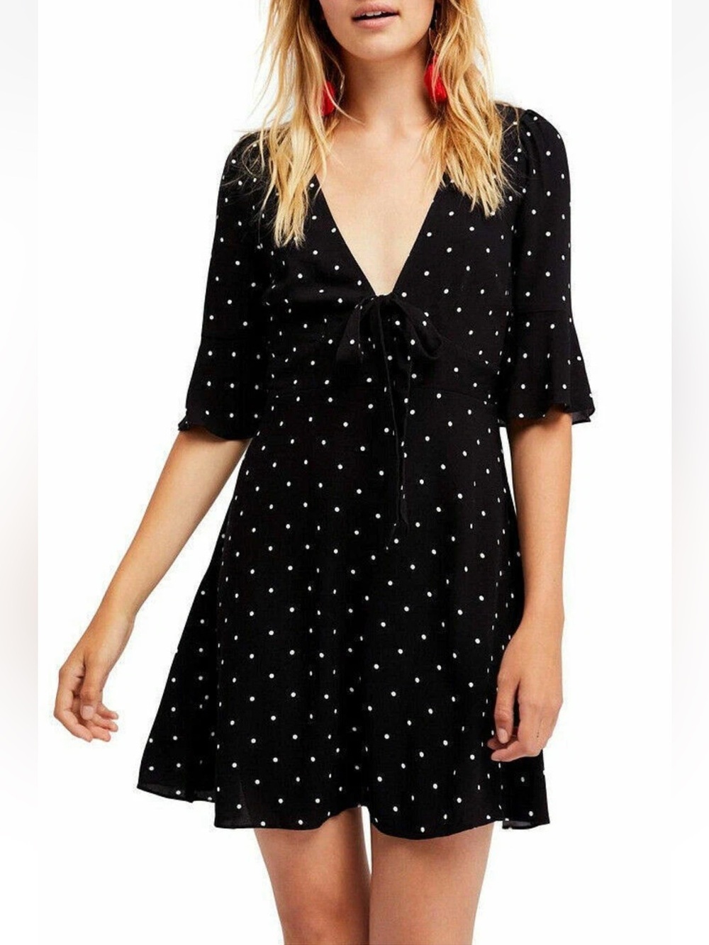 FREE PEOPLE Black All Yours Polka Dot A-Line Mini Dress With Short Sleeves 4